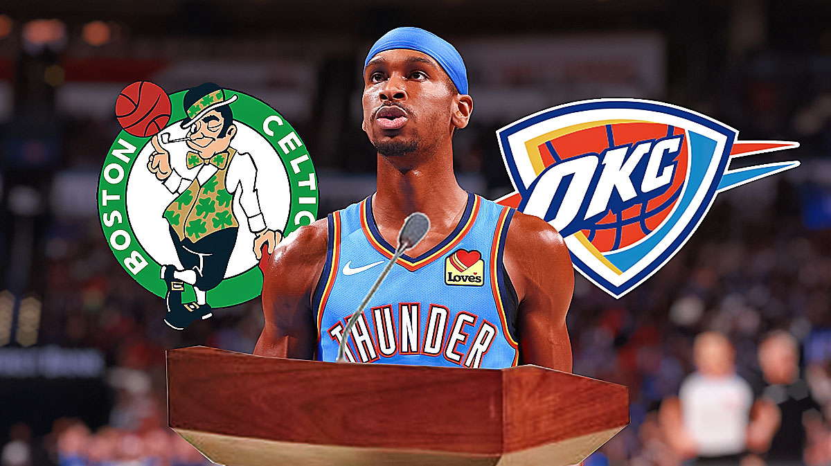 Thunder All-Star Shai Gilgeous-Alexander standing in front of a podium with a microphone with the Celtics and Thunder logos in the background