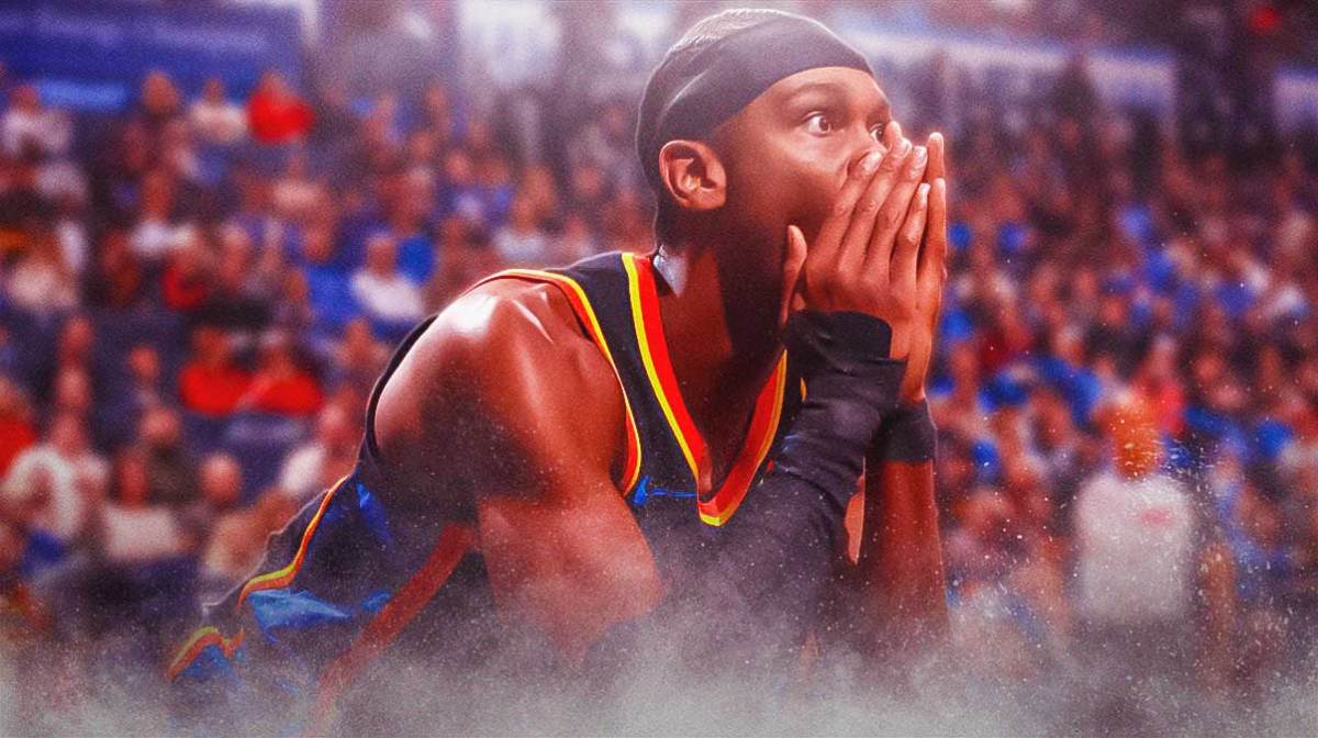 Shai Gilgeous-Alexander, Thunder, Warriors, Thunder Warriors, Shai Gilgeous-Alexander Thunder, Shai Gilgeous-Alexander looking hype with Thunder arena in the background