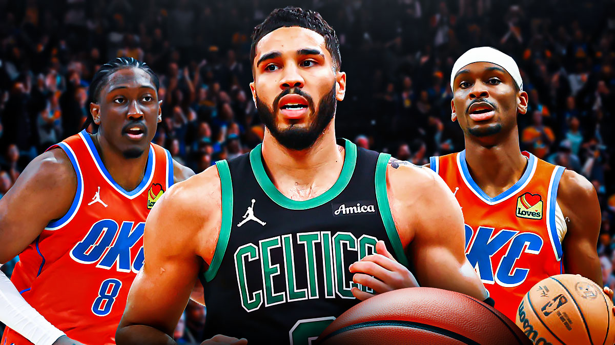 Thunder All-Star Shai Gilgeous-Alexander and Thunder forward Jalen Williams with Celtics All-Star Jayson Tatum between them