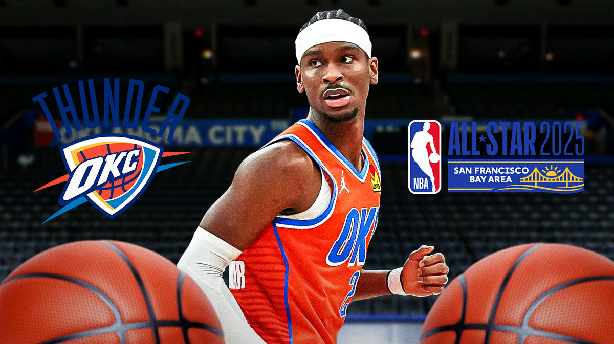 Thunder All-Star Shai Gilgeous-Alexander next to the Thunder logo with the 2025 NBA All-Star Game logo in the background
