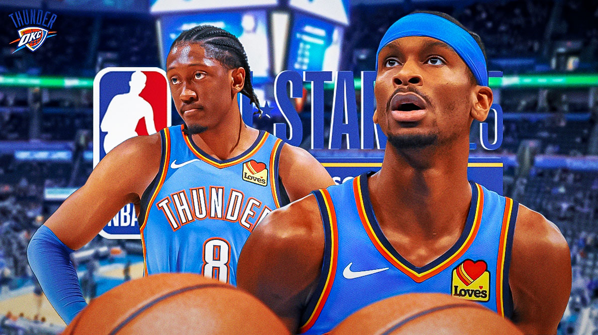 Thunder All-Star Shai Gilgeous-Alexander next to Thunder forward Jalen Williams next to the Thunder logo and the 2025 NBA All-Star Game logo in the background