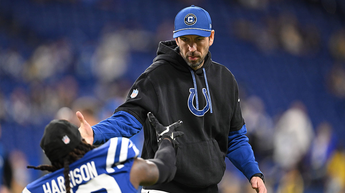 Jan 5, 2025; Indianapolis, Indiana, USA; Indianapolis Colts head coach Shane Steichen high fives Indianapolis Colts safety Ronnie Harrison Jr. (48) before the game against the Jacksonville Jaguars at Lucas Oil Stadium.