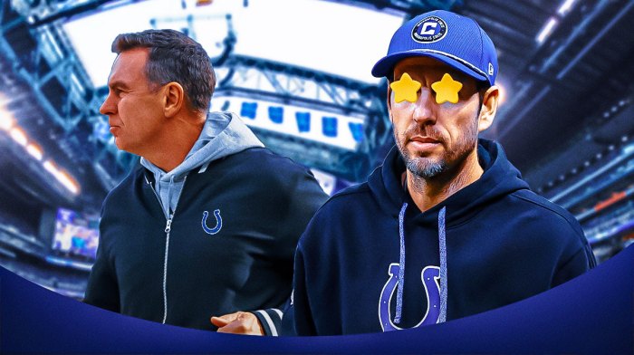 Shane Steichen on one side with stars in his eyes, Lou Anarumo in Indianapolis Colts gear on the other side