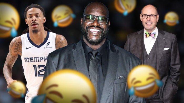 Shaquille O'Neal, Grizzlies G Ja Morant, and Ernie Johnson surrounded by laughing emojis