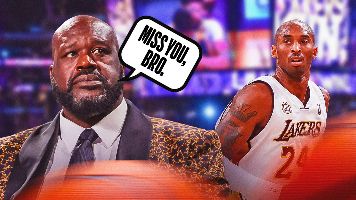 Shaquille O'Neal and Kobe Bryant in Lakers jerseys at the center, with sad emojis all around and a speech bubble from Shaq saying, Miss you, bro.
