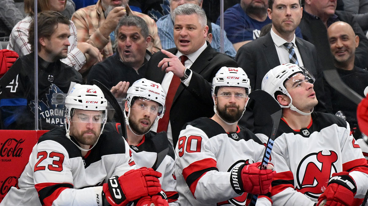 New Jersey Devils coach Sheldon Keefe gestures as he talks to his players during the first period against the Toronto Maple Leafs at Scotiabank Arena.