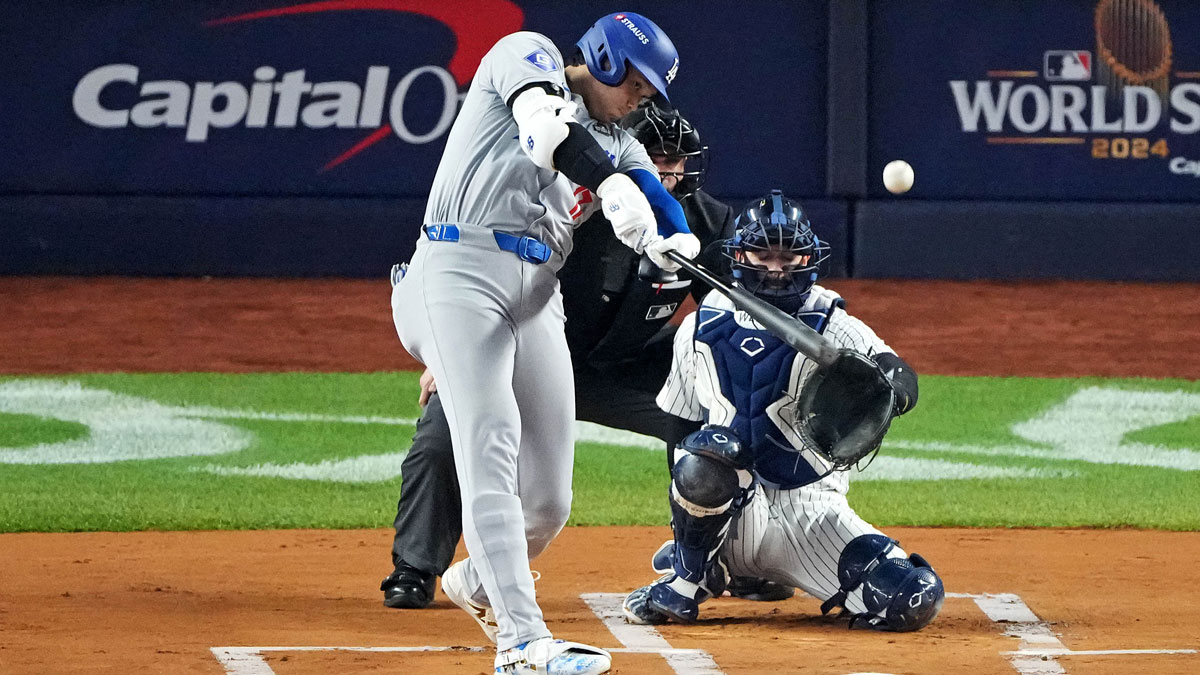 Los Angeles Dodgers two-way player Shohei Ohtani (17) flys out during the first inning against the New York Yankees in game four of the 2024 MLB World Series at Yankee Stadium. 