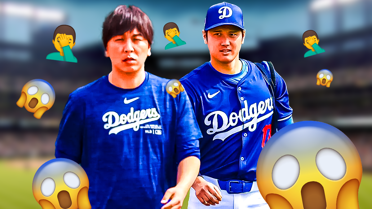 Shohei Ohtani in a Los Angeles Dodgers uniform with Ippei Mizuhara and astonished face emojis and people facepalming emojis around Mizuhara.