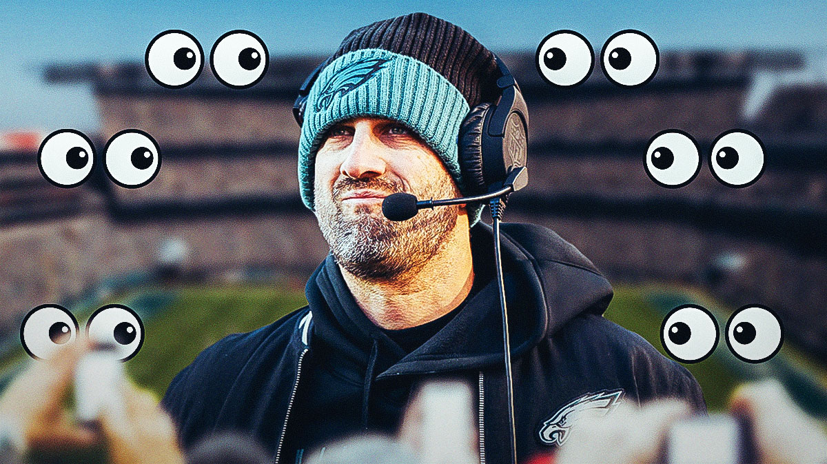Nick Sirianni with a bunch of the big eyes emojis behind him