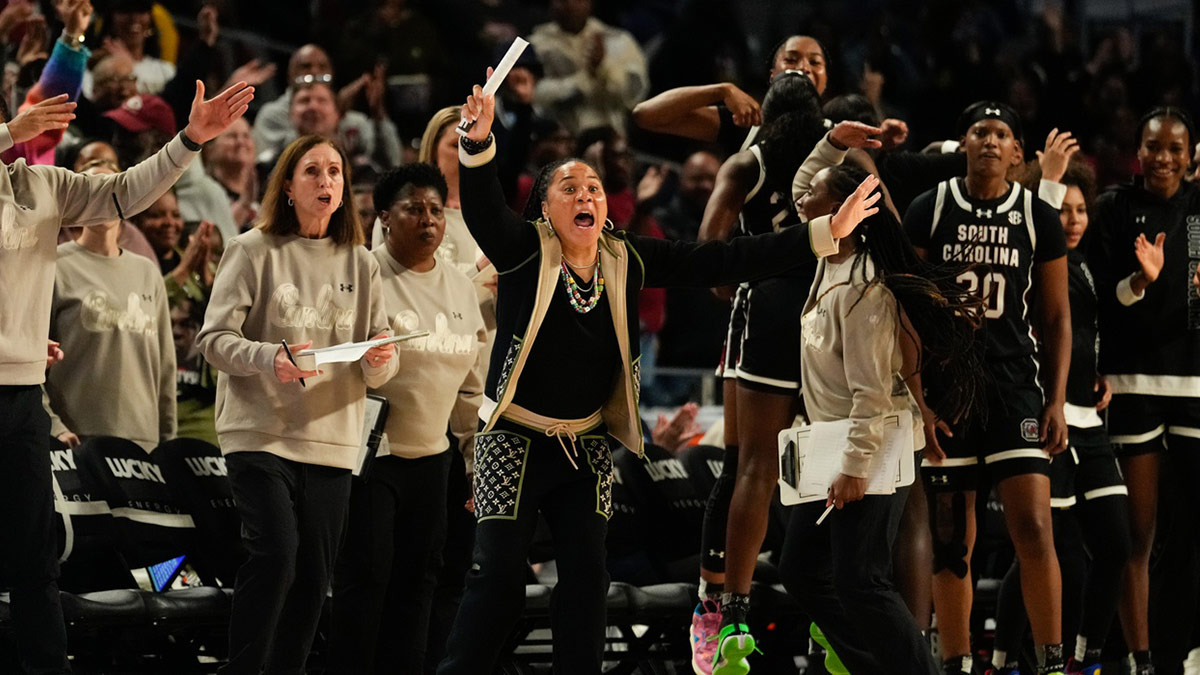 South Carolina Gamecocks head coach Dawn Staley reacts to a play against the TCU Horned Frogs during the first half.