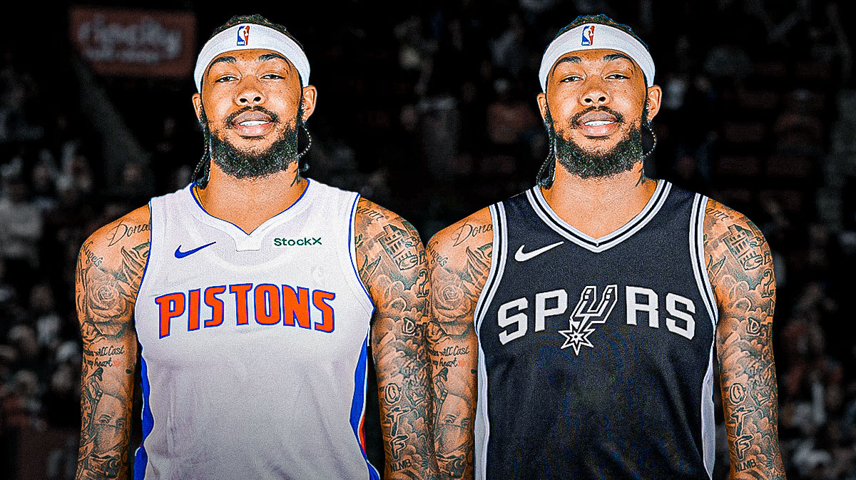 Two photos of Brandon Ingram, one in a photoshopped Detroit Pistons jersey and the other in a San Antonio Spurs jersey