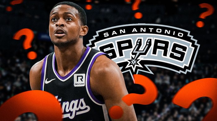 De'Aaron Fox with the San Antonio Spurs logo next to him, and question marks surrounding him