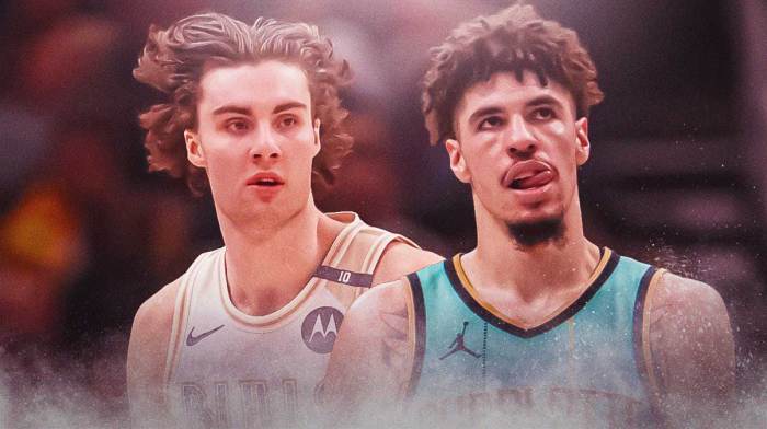 Josh Giddey, LaMelo Ball, Spurs' Frost Bank Center behind them