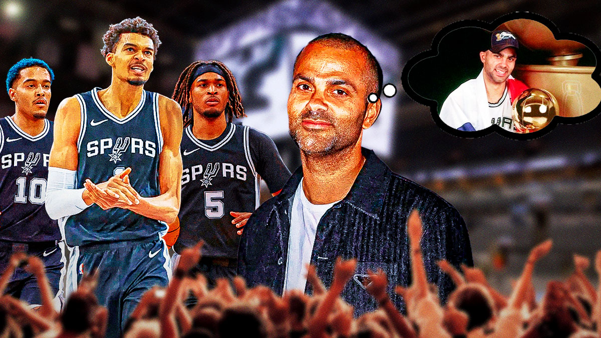 Tony Parker with a thought bubble of the 2004-05 Spurs holding an NBA championship, while Spurs players Victor Wembanyama, Stephon Castle, and Jeremy Sochan are next to Parker.