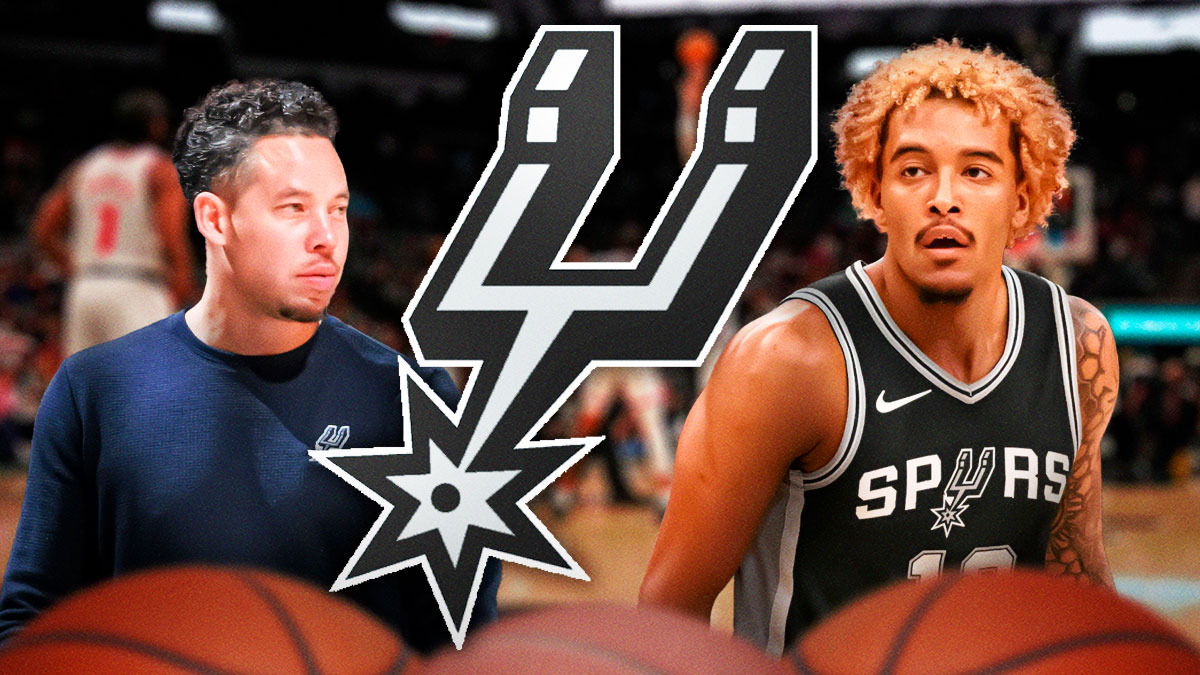 Spurs logo, Jeremy Sochan image, Mitch Johnson looking dejected image