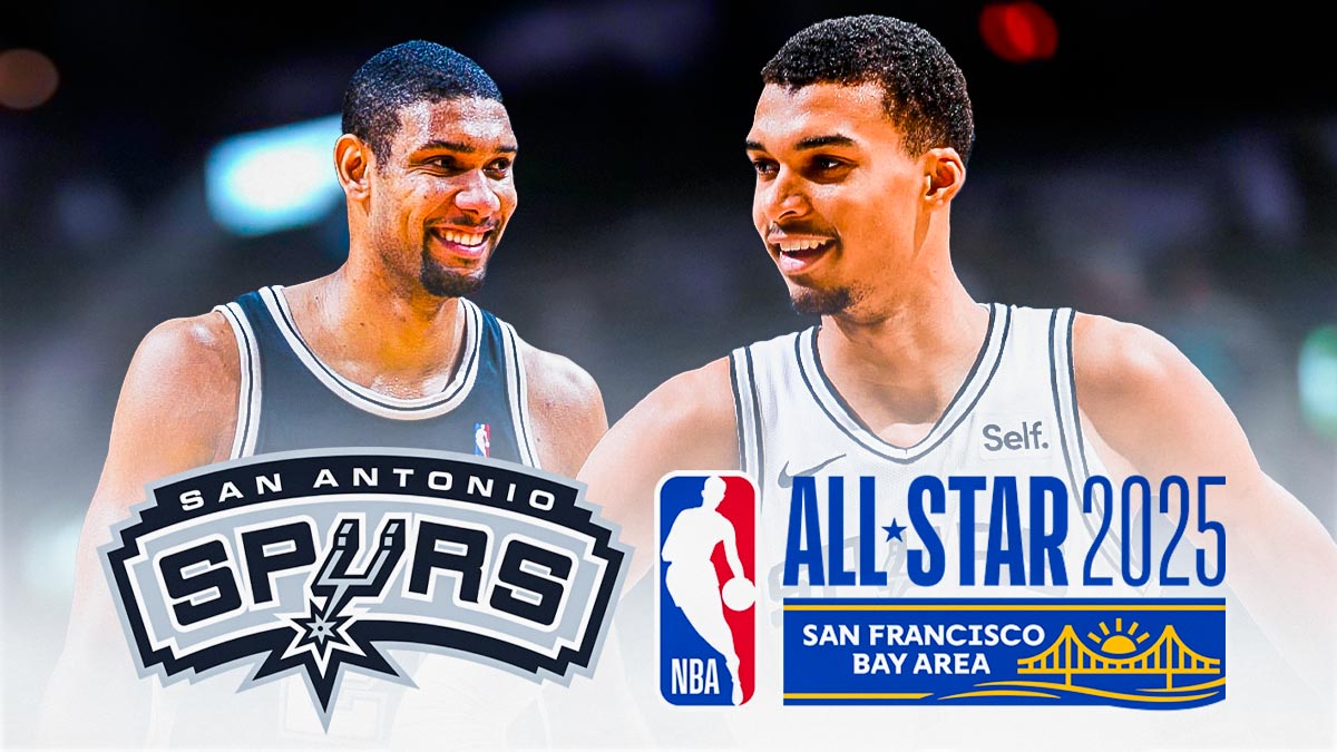 Victor Wembanyama happy image, Tim Duncan smiling image, Spurs logo, NBA All-Star logo