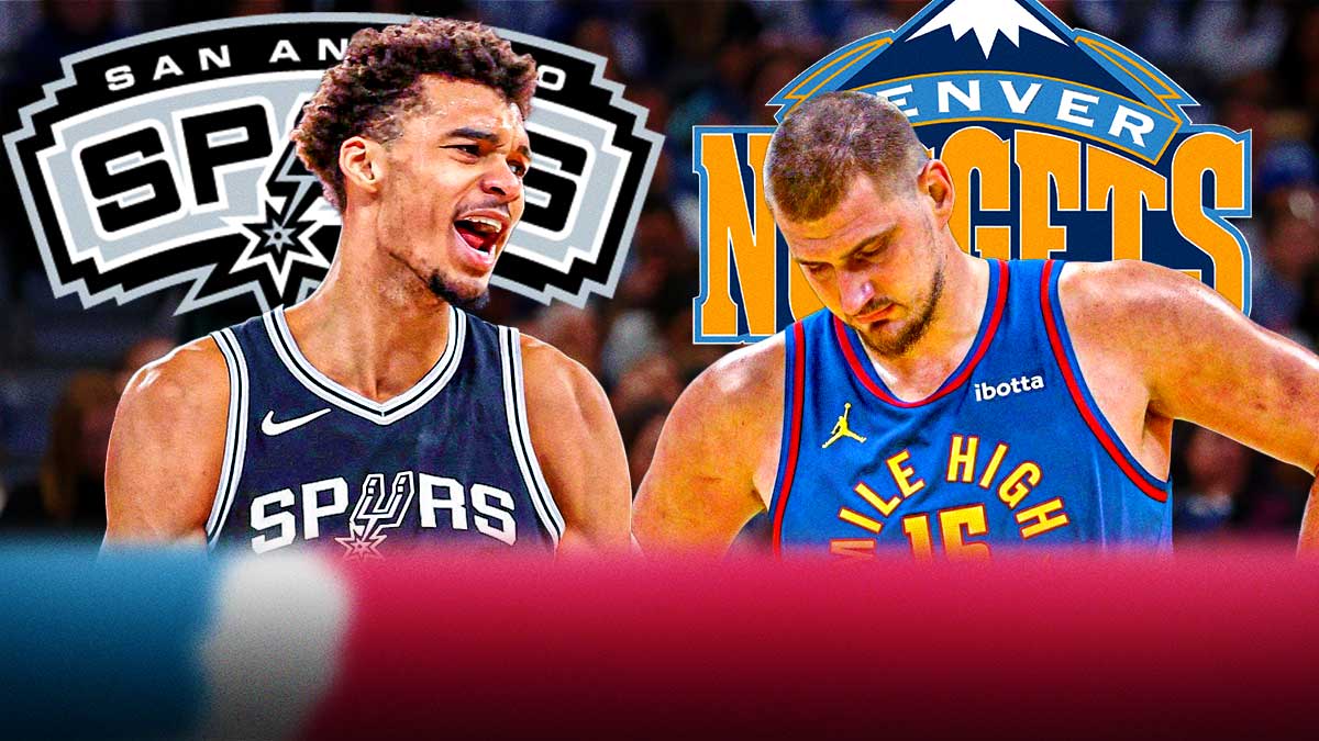 Victor Wembanyama looking pumped image, Nikola Jokic looking dejected image, Spurs logo, Nuggets logo
