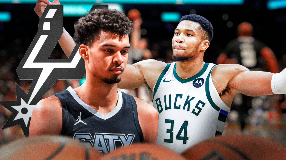 Victor Wembanyama "realization" look image, Giannis image, Spurs logo