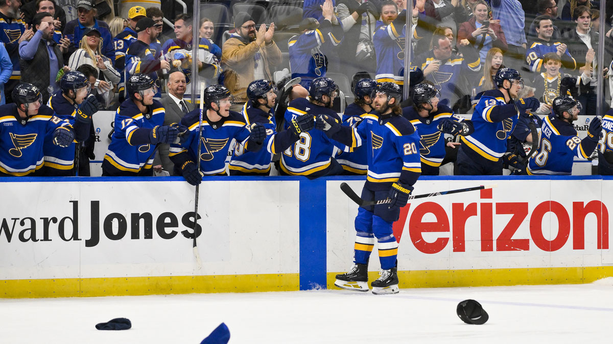 St. Louis Blues left wing Brandon Saad (20) is congratulated by teammates after scoring his third goal for a hat trick against the Ottawa Senators during the third period at Enterprise Center.