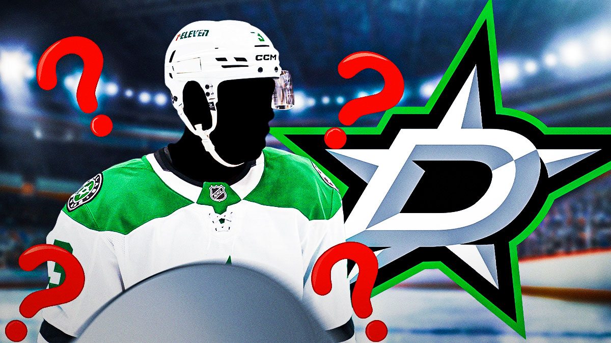Silhouette of Matt Dumba in a Dallas Stars jersey, Dallas Stars logo, 3-5 question marks, hockey rink in background