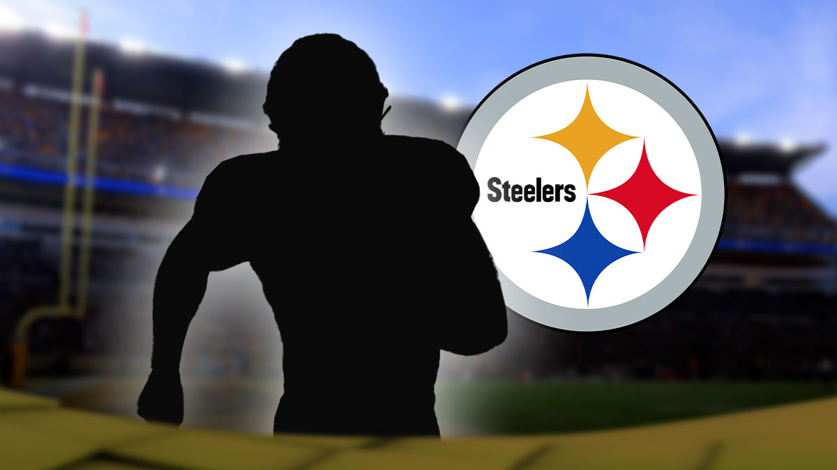 Shadow/silhouette of football player in the middle, Big Pittsburgh Steelers logo in the background