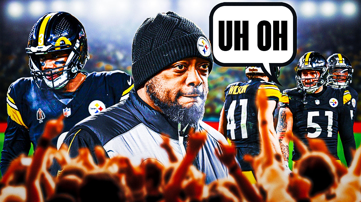 Russell Wilson and Mike Tomlin on one side, a bunch of Pittsburgh Steelers on the other side with a speech bubble that says "Uh oh." 2025 NFL Playoffs