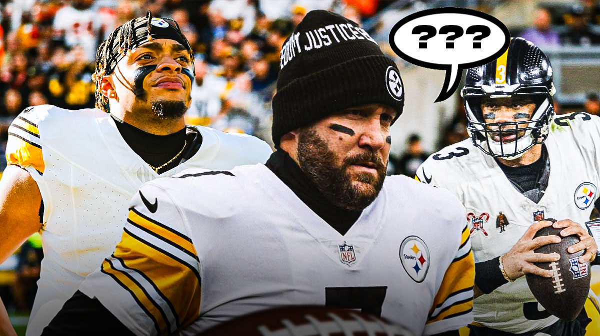 Ben Roethlisberger with a thought bubble that says "???" and Steelers quarterbacks Justin Fields and Russell Wilson next to him