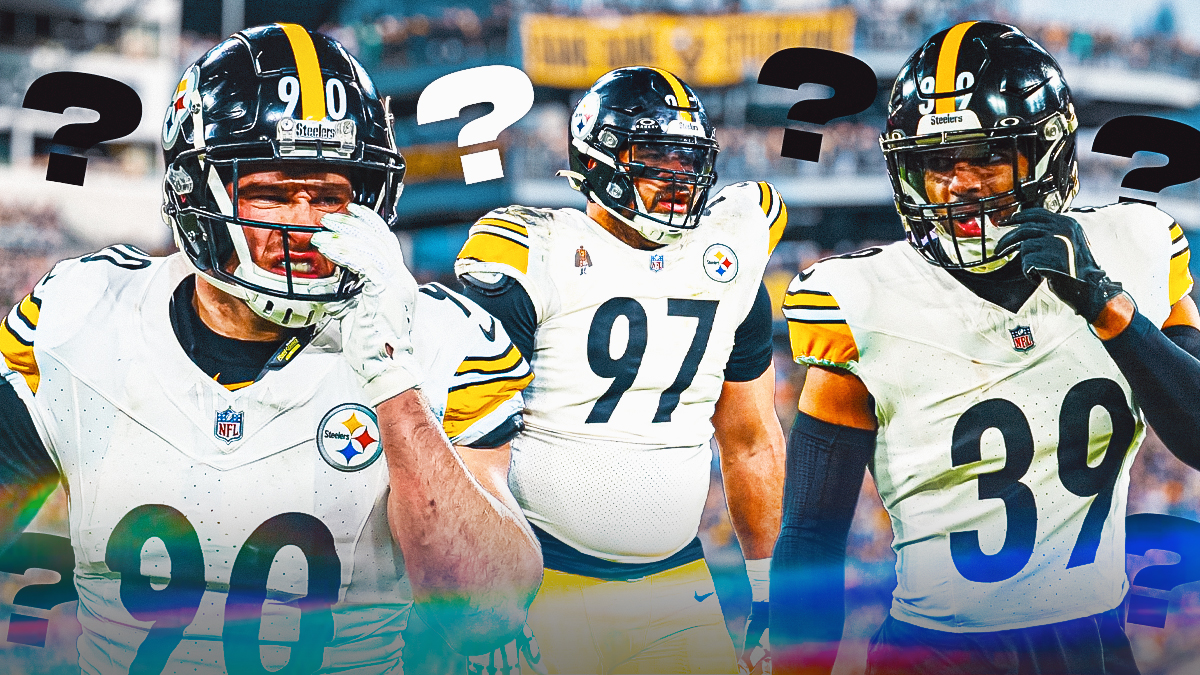 T.J. Watt, Minkah Fitzpatrick and Cam Heyward in Pittsburgh Steelers uniforms with little question marks around them.