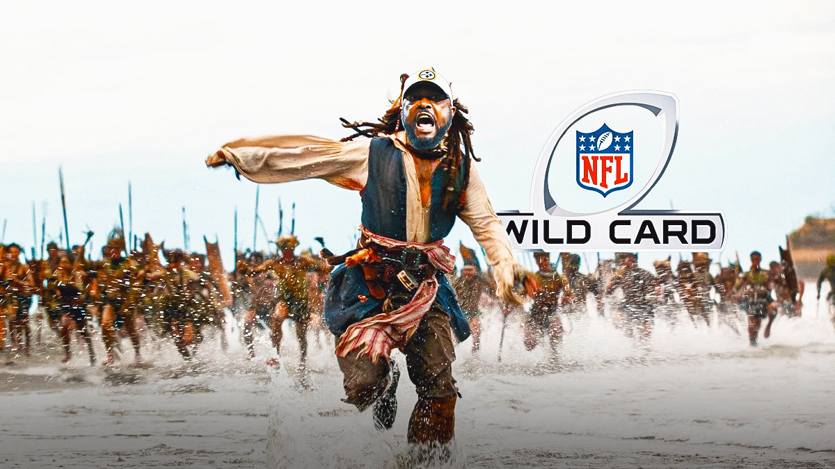 Steelers head coach Mike Tomlin's face on pirate's head, as he runs away from angry mob. NFL Wild Card logo in the background.