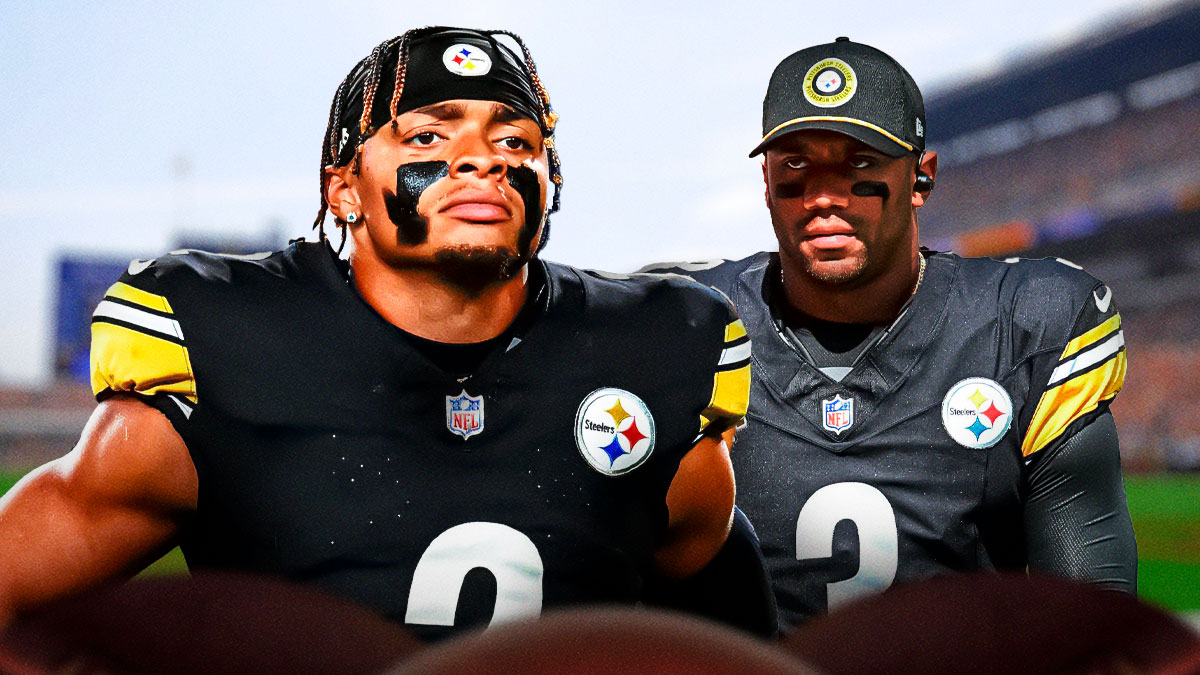 Justin Fields and Russell Wilson in Pittsburgh Steelers uniforms as Fields is expected to have a role in the playoff game.