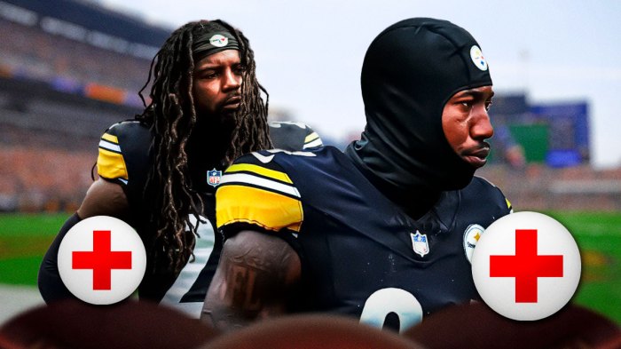 Joey Porter Jr. and Donte Jackson in Steelers uniforms next to medical symbol.