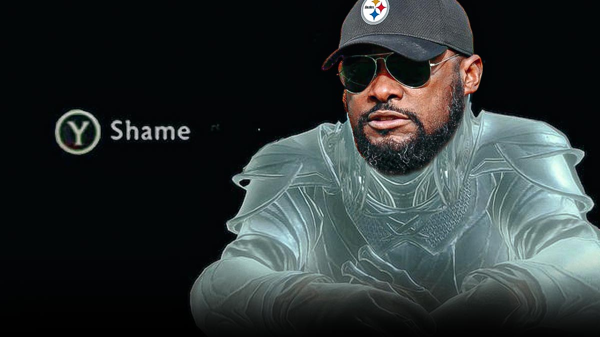 Steelers head coach Mike Tomlin on the head of a video game charactrer. Next to him it says, "Y, Shame."