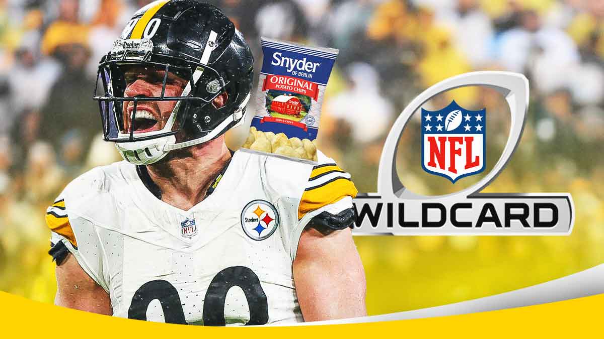 Pittsburgh Steelers EDGE TJ Watt looking proud/stoic with bag of chips on one of his shoulders (these chips). NFL Wild Card logo in background. Background is M&T Bank Stadium.