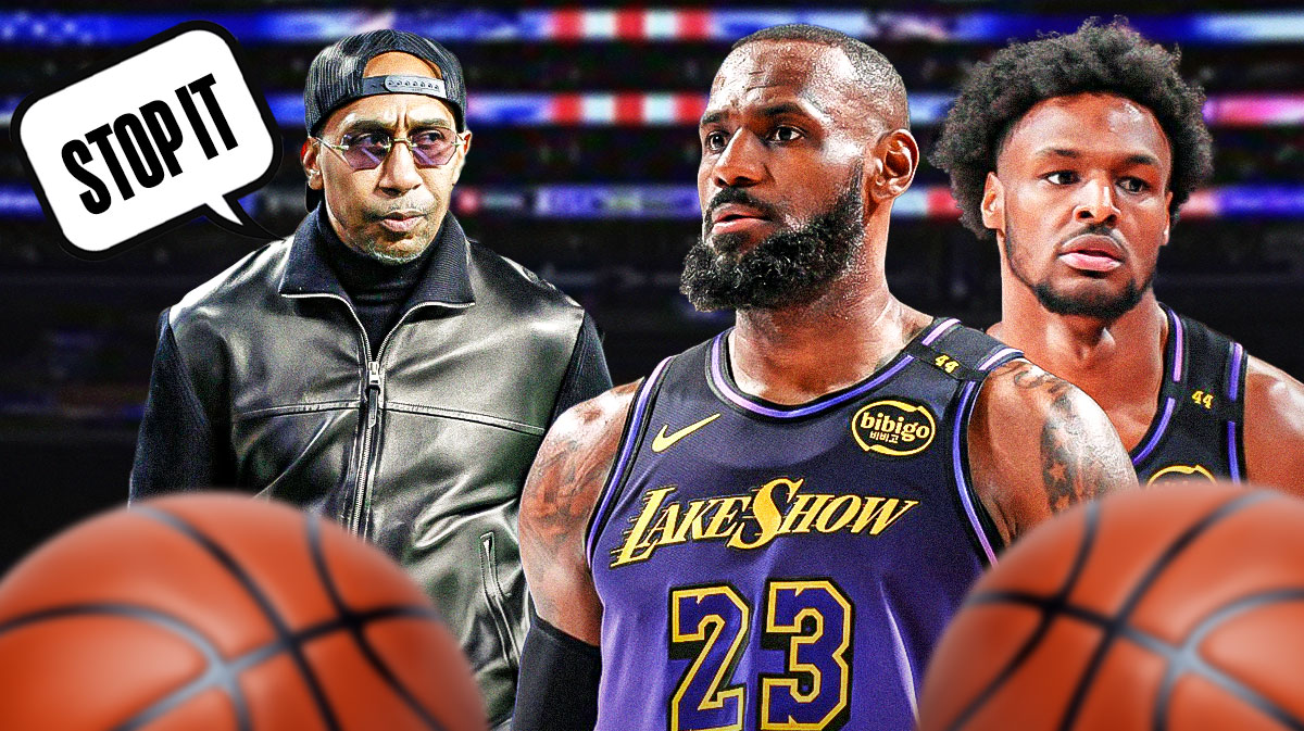 Stephen A Smith with a thought bubble that says "Stop it" while looking at LeBron James and Bronny James