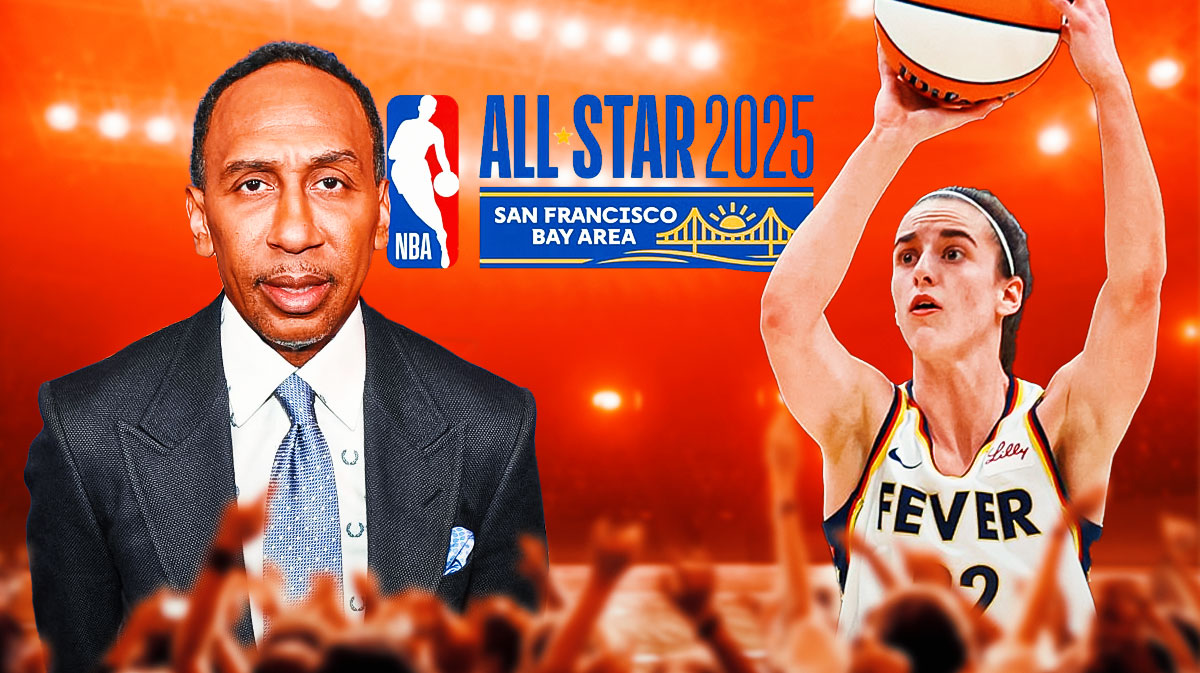 Stephen A Smith looking mad, with the 2025 NBA All-Star logo in the background, and Caitlin Clark shooting a three, next to Smith