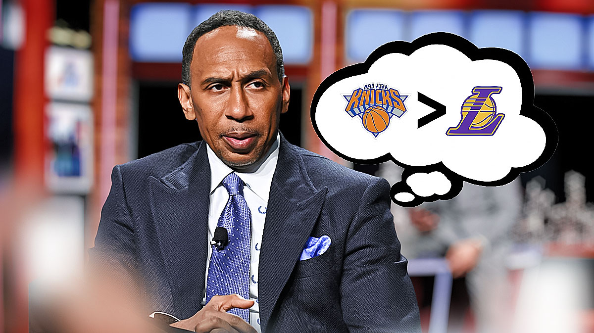 Stephen A. Smith with a thought bubble that has the Knicks logo in it. Next to it is the greater than sign (>) and next to that sign is the Lakers logo