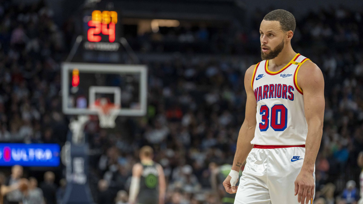 Golden State Warriors guard Stephen Curry (30) looks on against the Minnesota Timberwolves in the second half at Target Center. 