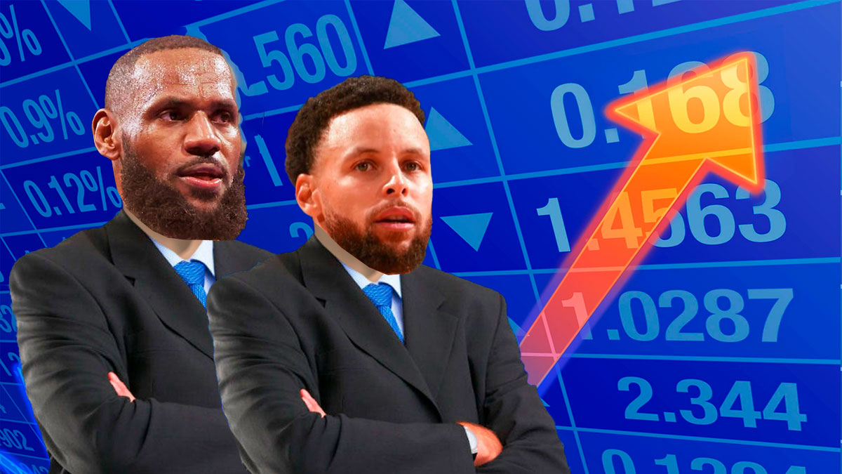 Stephen Curry beside LeBron James but its stonks meme.