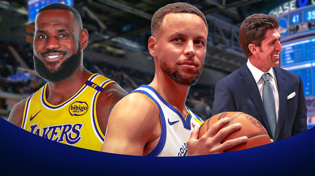 Warriors superstar Stephen Curry next to Lakers superstar LeBron James with former Warriors GM Bob Myers in the background