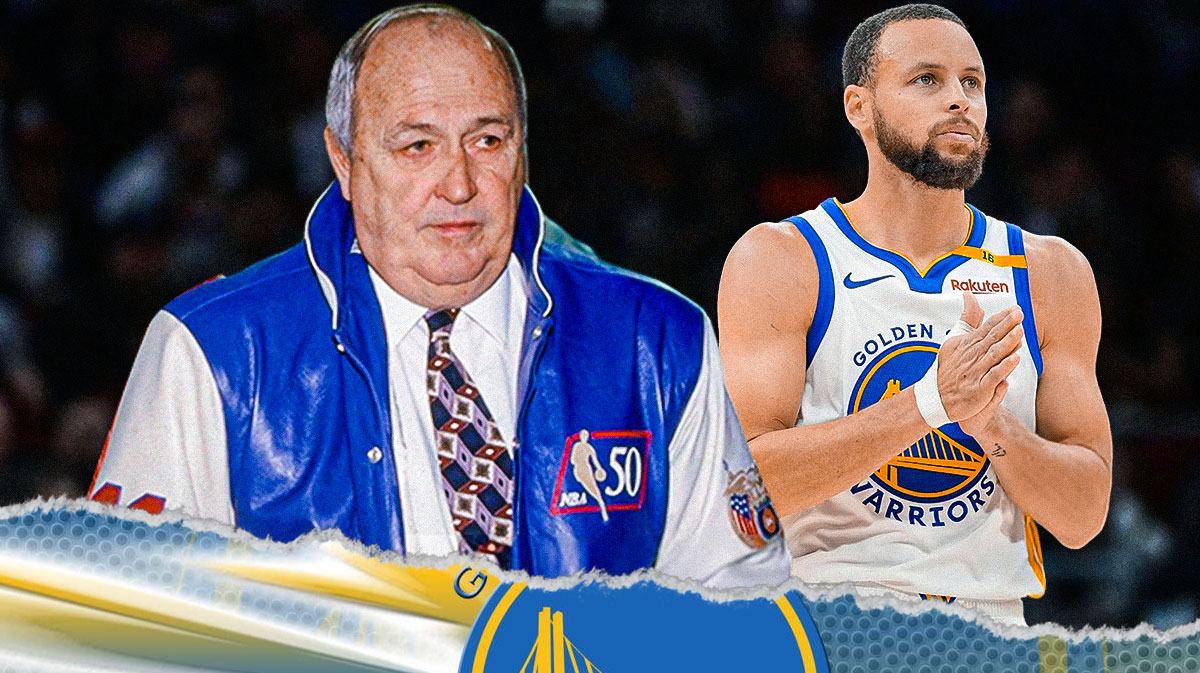 Stephen Curry beside Paul Arizin both wearing Warriors gear