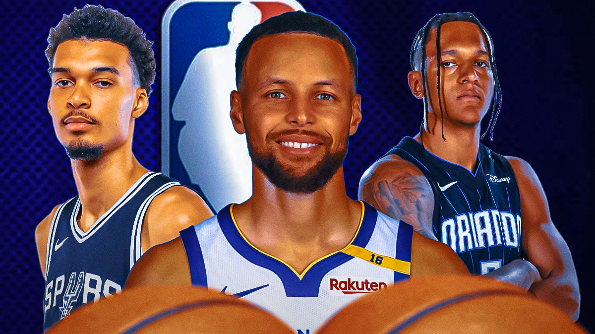 Warriors superstar Stephen Curry in between Spurs star Victor Wembanyama and Magic All-Star Paolo Banchero with the NBA logo in the background