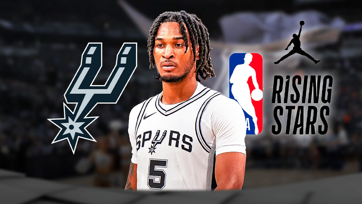 Spurs Stephon Castle next to the Rising Stars logo