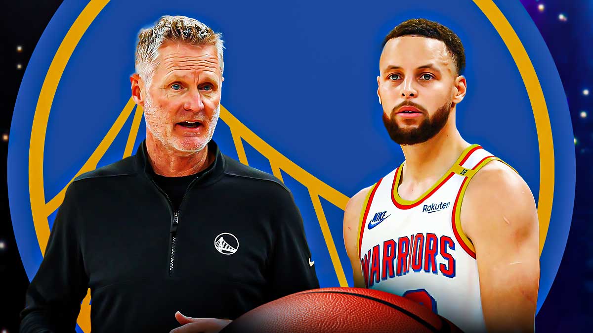 Steve Kerr and Stephen Curry with a Warriors logo in the middle