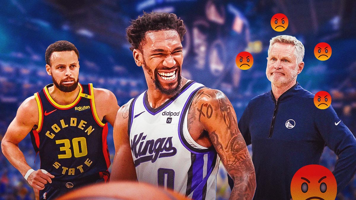Warriors' Steve Kerr smiling, Stephen Curry angry, Kings' Malik Monk smiling, with angry emojis all over Kerr