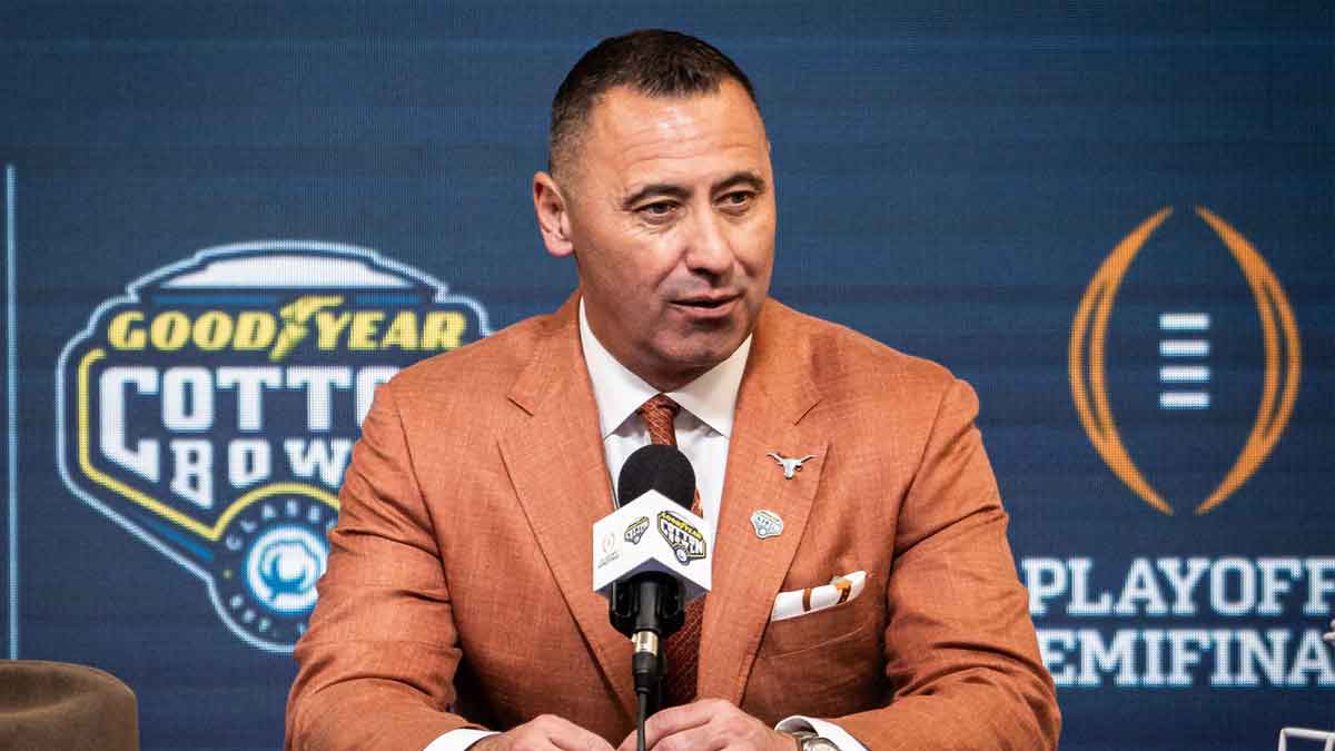 Texas Longhorns head coach Steve Sarkisian speaks during the coaches' press conference at AT&T Stadium, Jan. 9, 2024. Both coaches answered questions from the media during the conference and will face each other in the Cotton Bowl College Playoff semifinal game on Friday.