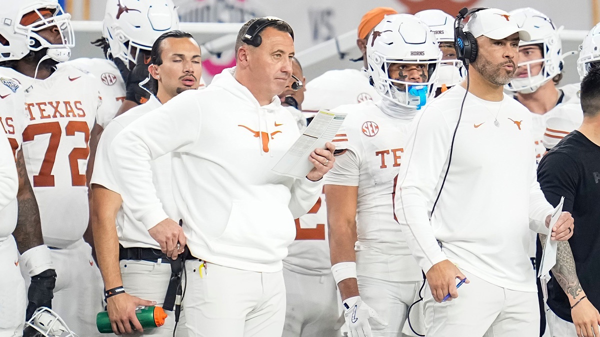 Texas Longhorns head coach Steve Sarkisian watches from the sideline during the first half of the Cotton Bowl Classic College Football Playoff semifinal game against the Ohio State Buckeyes at AT&T Stadium in Arlington, Texas on Jan. 10, 2025.