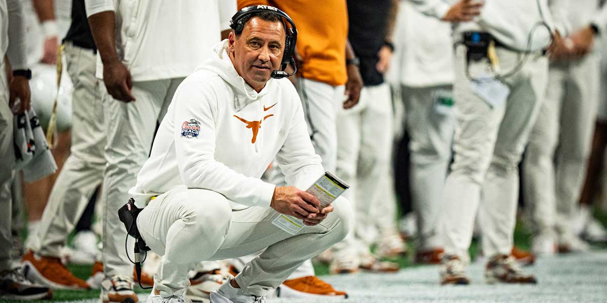 Texas Longhorns head coach Steve Sarkisian looks downfield while coaching in the second quarter as the Texas Longhorns play the Arizona State Sun Devils in the Peach Bowl College Football Playoff quarterfinal at Mercedes-Benz Stadium in Atlanta, Georgia, Jan. 1, 2025.