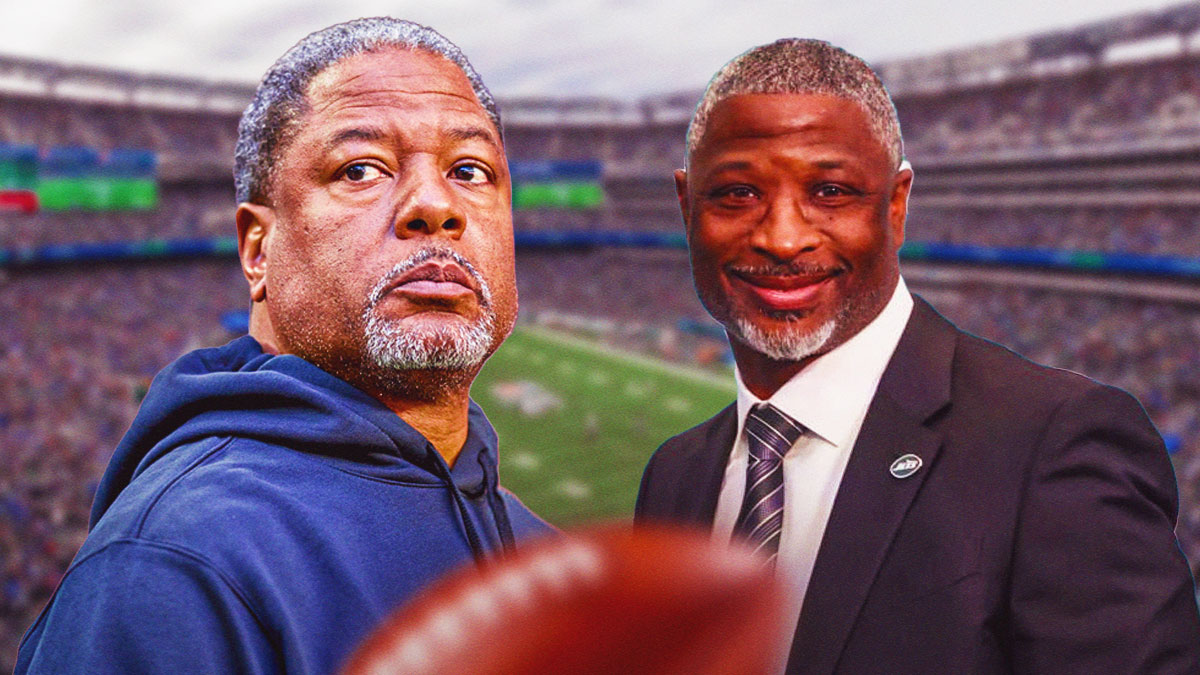 Jets' Aaron Glenn and Steve Wilks with a Jets logo behind them