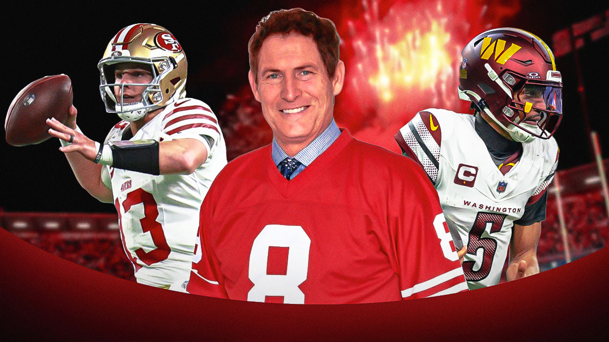 San Francisco 49ers quarterback Brock Purdy on the left, NFL Hall of Famer Steve Young in the middle, and Washington Commanders quarterback Jayden Daniels on the right.