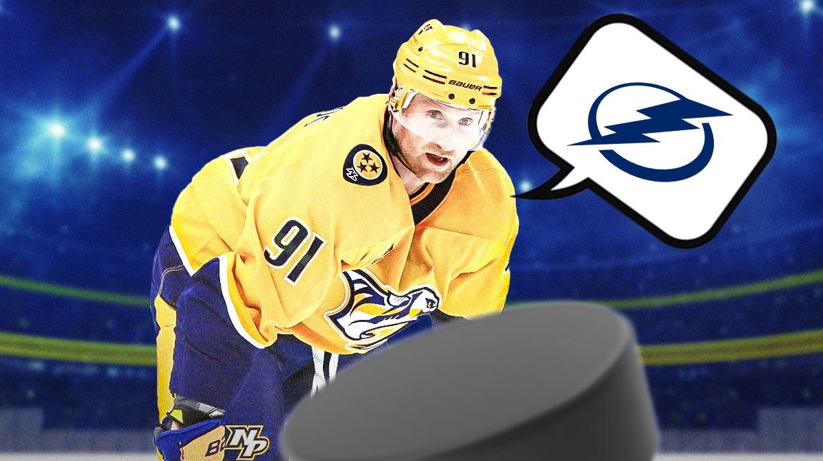 Steven Stamkos in a Predators jersey with a thought bubble of the Tampa Bay Lightning logo in it